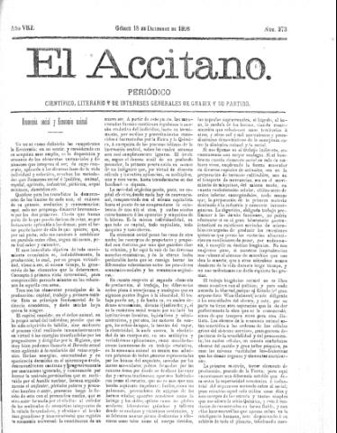 'El accitano  : periódico científico, literario y de intereses generales de Guadix y su partido' - Año VIII Número 373  - 1898 diciembre 18
