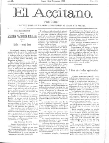 'El accitano  : periódico científico, literario y de intereses generales de Guadix y su partido' - Año IX Número 413  - 1899 octubre 15
