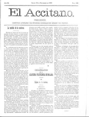 'El accitano  : periódico científico, literario y de intereses generales de Guadix y su partido' - Año IX Número 418  - 1899 noviembre 19