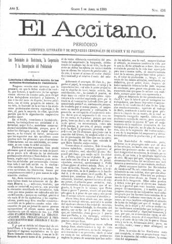 'El accitano  : periódico científico, literario y de intereses generales de Guadix y su partido' - Año X Número 436  - 1900 abril 1