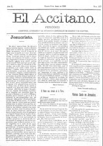 'El accitano  : periódico científico, literario y de intereses generales de Guadix y su partido' - Año X Número 437  - 1900 abril 8