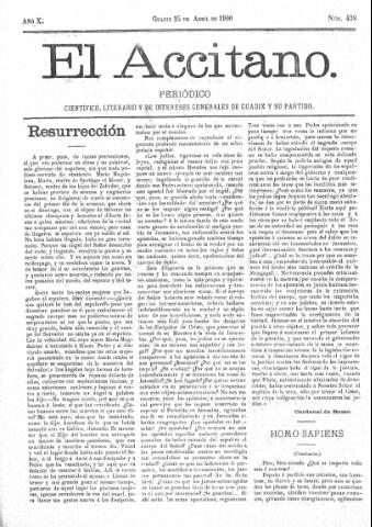 'El accitano  : periódico científico, literario y de intereses generales de Guadix y su partido' - Año X Número 438  - 1900 abril 15
