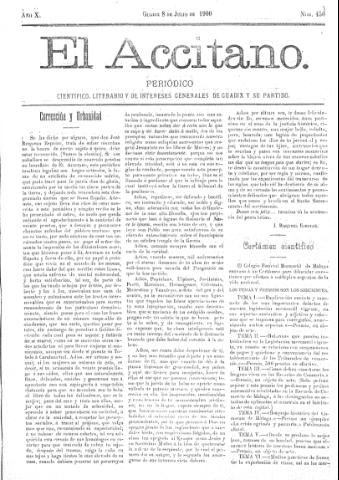 'El accitano  : periódico científico, literario y de intereses generales de Guadix y su partido' - Año X Número 450  - 1900 julio 8