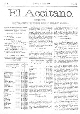 'El accitano  : periódico científico, literario y de intereses generales de Guadix y su partido' - Año X Número 451  - 1900 julio 22
