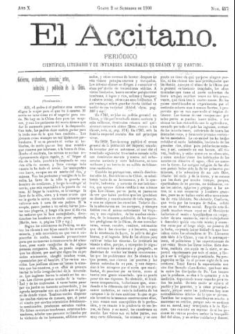'El accitano  : periódico científico, literario y de intereses generales de Guadix y su partido' - Año X Número 457  - 1900 septiembre 2