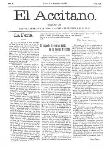 'El accitano  : periódico científico, literario y de intereses generales de Guadix y su partido' - Año X Número 458  - 1900 septiembre 9