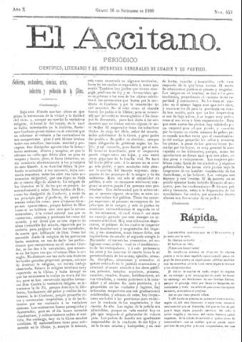 'El accitano  : periódico científico, literario y de intereses generales de Guadix y su partido' - Año X Número 459  - 1900 septiembre 16