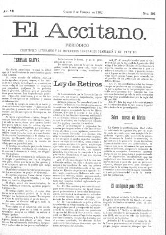 'El accitano  : periódico científico, literario y de intereses generales de Guadix y su partido' - Año XII Número 524  - 1902 febrero 2