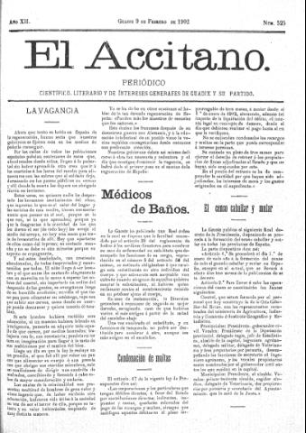 'El accitano  : periódico científico, literario y de intereses generales de Guadix y su partido' - Año XII Número 525  - 1902 febrero 9