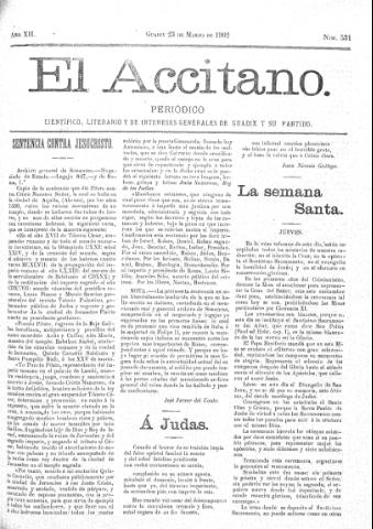 'El accitano  : periódico científico, literario y de intereses generales de Guadix y su partido' - Año XII Número 531  - 1902 marzo 23