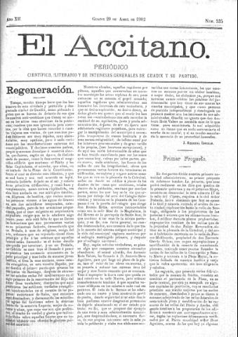 'El accitano  : periódico científico, literario y de intereses generales de Guadix y su partido' - Año XII Número 535  - 1902 abril 20