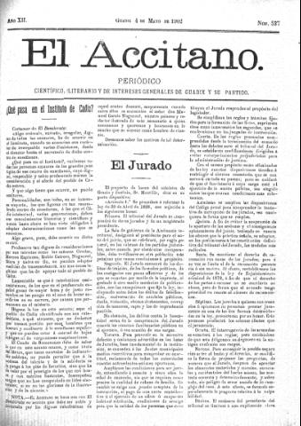 'El accitano  : periódico científico, literario y de intereses generales de Guadix y su partido' - Año XII Número 537  - 1902 mayo 4