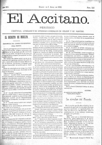 'El accitano  : periódico científico, literario y de intereses generales de Guadix y su partido' - Año XII Número 541  - 1902 junio 1