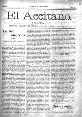 'El accitano  : periódico científico, literario y de intereses generales de Guadix y su partido' - Año XII Número 551  - 1902 agosto 10