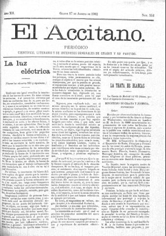 'El accitano  : periódico científico, literario y de intereses generales de Guadix y su partido' - Año XII Número 552  - 1902 agosto 17