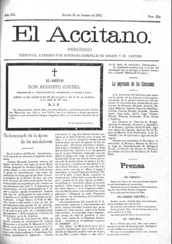 'El accitano  : periódico científico, literario y de intereses generales de Guadix y su partido' - Año XII Número 554  - 1902 agosto 31