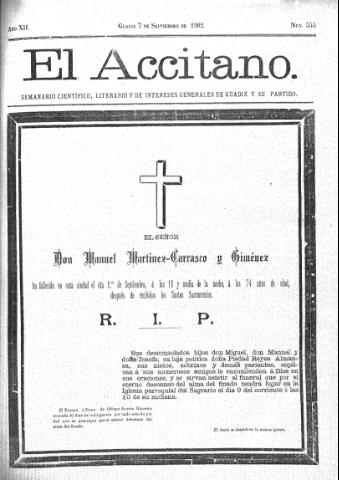 'El accitano  : periódico científico, literario y de intereses generales de Guadix y su partido' - Año XII Número 555  - 1902 septiembre 7