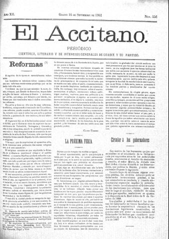 'El accitano  : periódico científico, literario y de intereses generales de Guadix y su partido' - Año XII Número 556  - 1902 septiembre 14