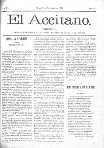 'El accitano  : periódico científico, literario y de intereses generales de Guadix y su partido' - Año XII Número 564  - 1902 noviembre 9