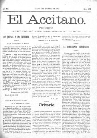 'El accitano  : periódico científico, literario y de intereses generales de Guadix y su partido' - Año XII Número 568  - 1902 diciembre 7