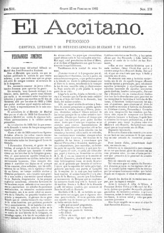 'El accitano  : periódico científico, literario y de intereses generales de Guadix y su partido' - Año XIII Número 578  - 1903 febrero 22