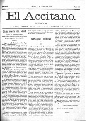 'El accitano  : periódico científico, literario y de intereses generales de Guadix y su partido' - Año XIII Número 581  - 1903 marzo 15
