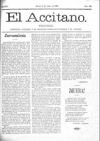 'El accitano  : periódico científico, literario y de intereses generales de Guadix y su partido' - Año XIII Número 584  - 1903 abril 5