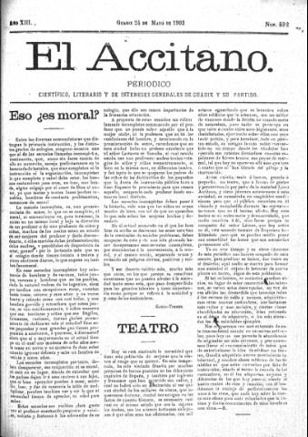 'El accitano  : periódico científico, literario y de intereses generales de Guadix y su partido' - Año XIII Número 592  - 1903 mayo 24
