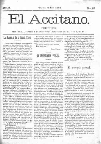 'El accitano  : periódico científico, literario y de intereses generales de Guadix y su partido' - Año XIII Número 596  - 1903 junio 21
