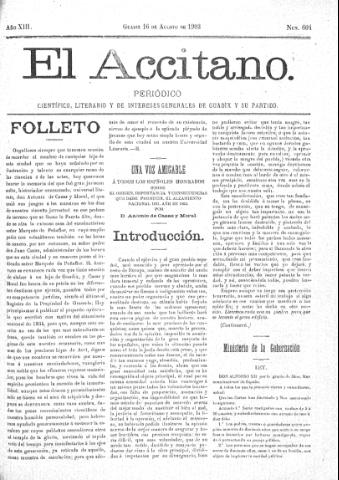 'El accitano  : periódico científico, literario y de intereses generales de Guadix y su partido' - Año XIII Número 604  - 1903 agosto 16
