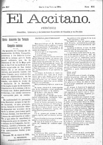 'El accitano  : periódico científico, literario y de intereses generales de Guadix y su partido' - Año XIV Número 634  - 1904 mayo 3