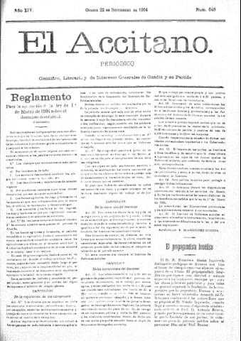 'El accitano  : periódico científico, literario y de intereses generales de Guadix y su partido' - Año XIV Número 648  - 1904 septiembre 22