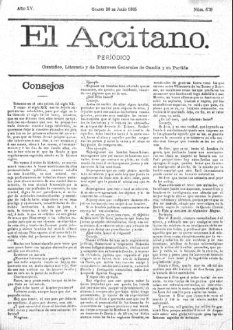 'El accitano  : periódico científico, literario y de intereses generales de Guadix y su partido' - Año XV Número 679  - 1905 julio 30