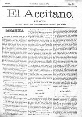 'El accitano  : periódico científico, literario y de intereses generales de Guadix y su partido' - Año XV Número 685  - 1905 septiembre 13