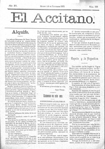 'El accitano  : periódico científico, literario y de intereses generales de Guadix y su partido' - Año XV Número 693  - 1905 noviembre 16
