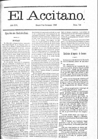 'El accitano  : periódico científico, literario y de intereses generales de Guadix y su partido' - Año XVI Número 730  - 1906 septiembre 9