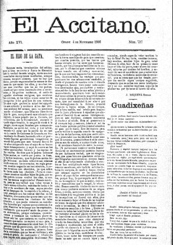 'El accitano  : periódico científico, literario y de intereses generales de Guadix y su partido' - Año XVI Número 737  - 1906 noviembre 4
