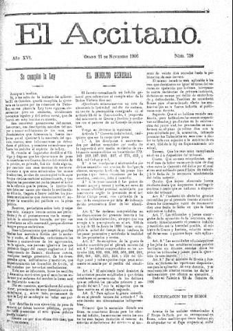 'El accitano  : periódico científico, literario y de intereses generales de Guadix y su partido' - Año XVI Número 738  - 1906 noviembre 11