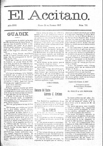 'El accitano  : periódico científico, literario y de intereses generales de Guadix y su partido' - Año XVII Número 750  - 1907 febrero 24