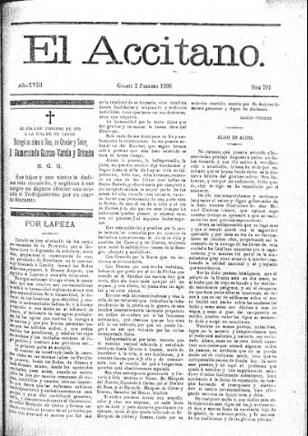'El accitano  : periódico científico, literario y de intereses generales de Guadix y su partido' - Año XVIII Número 791  - 1908 febrero 2