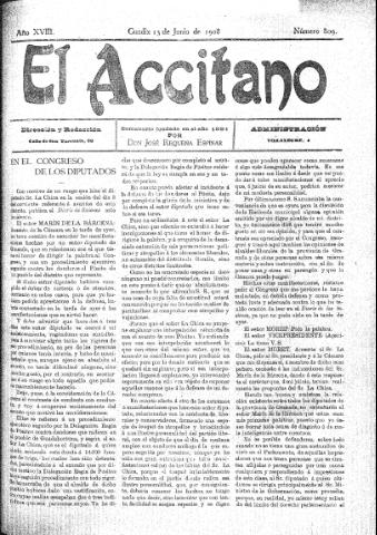 'El accitano  : periódico científico, literario y de intereses generales de Guadix y su partido' - Año XVIII Número 809  - 1908 junio 13