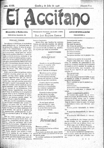 'El accitano  : periódico científico, literario y de intereses generales de Guadix y su partido' - Año XVIII Número 812  - 1908 julio 4