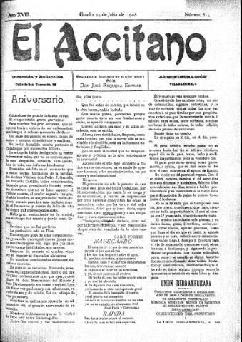 'El accitano  : periódico científico, literario y de intereses generales de Guadix y su partido' - Año XVIII Número 815  - 1908 julio 25