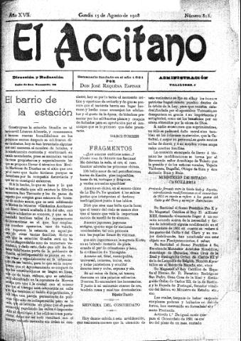 'El accitano  : periódico científico, literario y de intereses generales de Guadix y su partido' - Año XVIII Número 818  - 1908 agosto 15