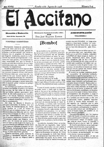 'El accitano  : periódico científico, literario y de intereses generales de Guadix y su partido' - Año XVIII Número 819  - 1908 agosto 22