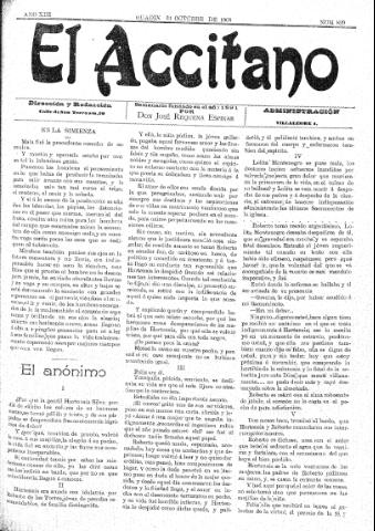 'El accitano  : periódico científico, literario y de intereses generales de Guadix y su partido' - Año XVIII Número 829  - 1908 octubre 31
