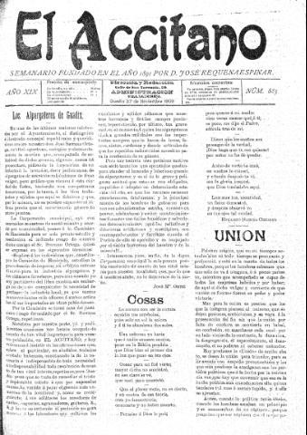 'El accitano  : periódico científico, literario y de intereses generales de Guadix y su partido' - Año XIX Número 885  - 1909 noviembre 27