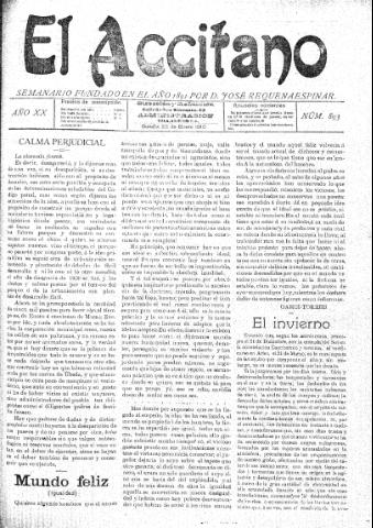 'El accitano  : periódico científico, literario y de intereses generales de Guadix y su partido' - Año XX Número 893  - 1910 enero 22