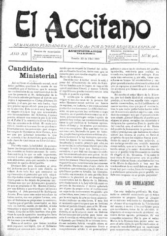 'El accitano  : periódico científico, literario y de intereses generales de Guadix y su partido' - Año XX Número 906  - 1910 abril 30