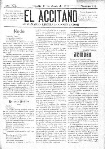 'El accitano  : periódico científico, literario y de intereses generales de Guadix y su partido' - Año XX Número 912  - 1910 junio 11